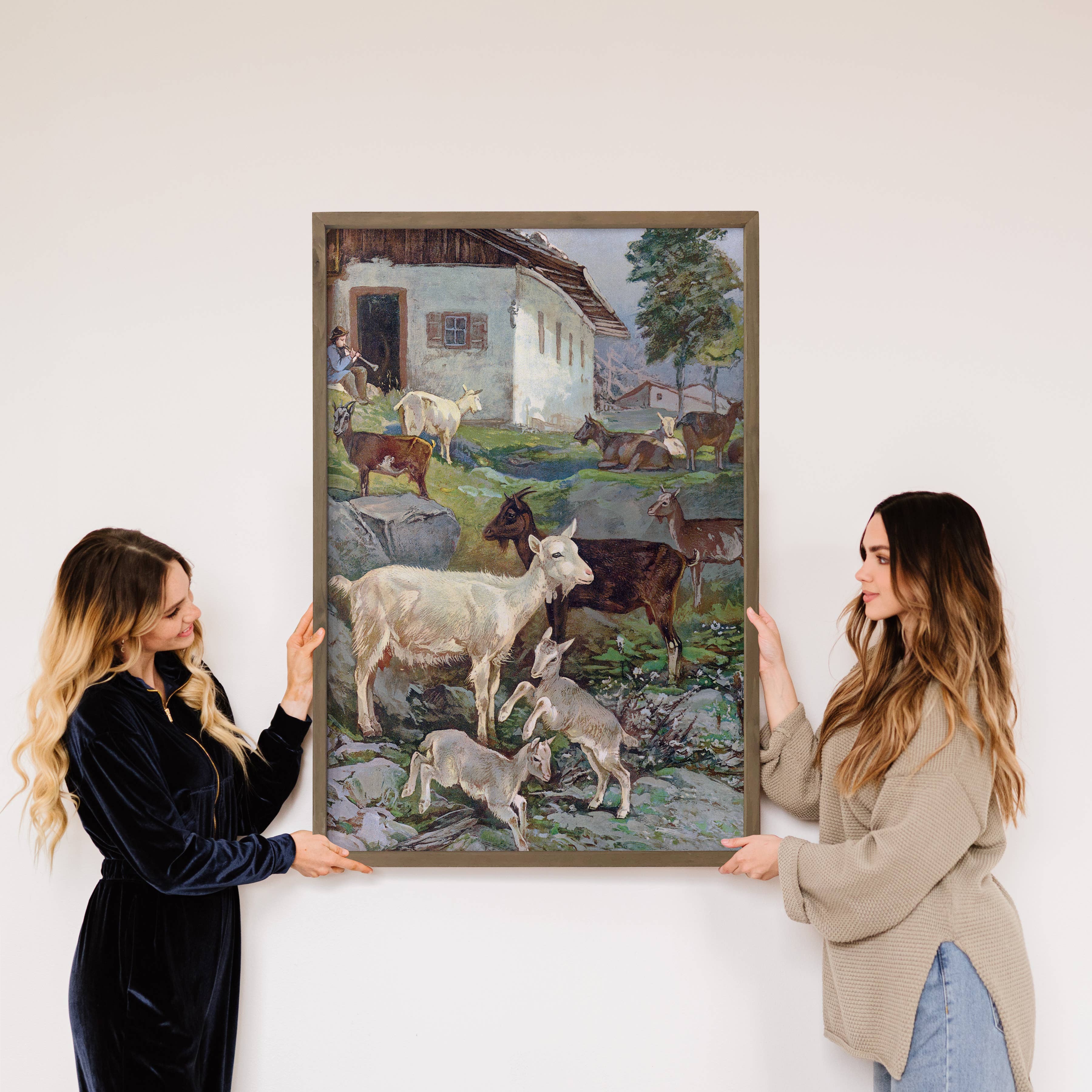 Goats and Stable Boy - Goat Canvas Art - Wood Framed Art