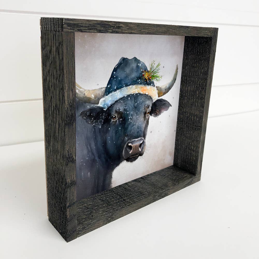 Black Cow Santa - Framed Animal Art - Farmhouse Holiday Art