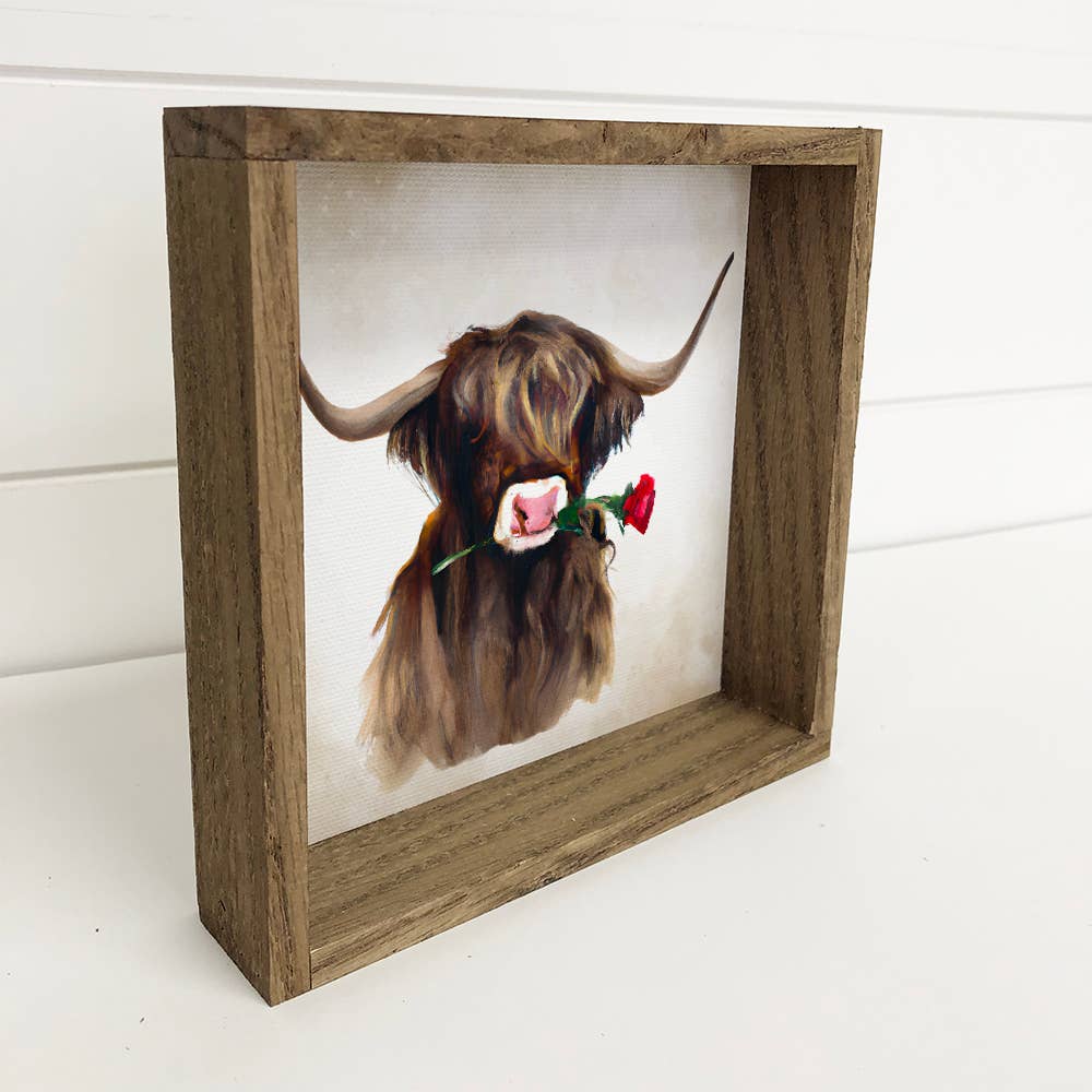 Valentine's Cow Sign - Highland Bull with a Red Rose