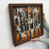 Halloween Ghosts in Birch Tree Forest - Square Wood Canvas