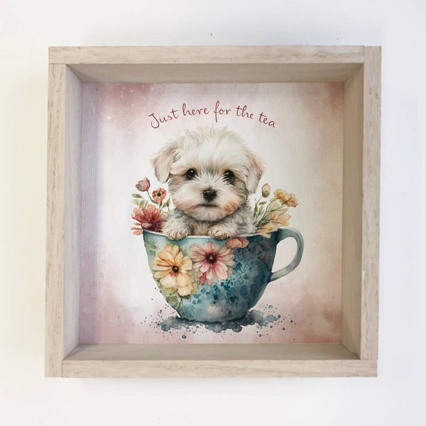 Here for the Tea Puppy - Cute Framed Animal Decor - Wall Art