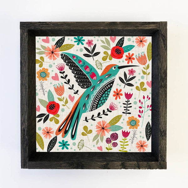 Folk Hummingbird - Folk Animal Canvas Art - Wood Framed