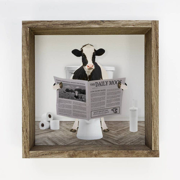 Dairy Cow on Toilet Wood Frame Sign - Funny Bathroom Art