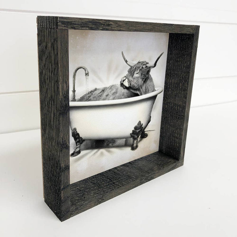 Highland Cow taking a Bath Canvas & Wood Sign Fun Bathroom