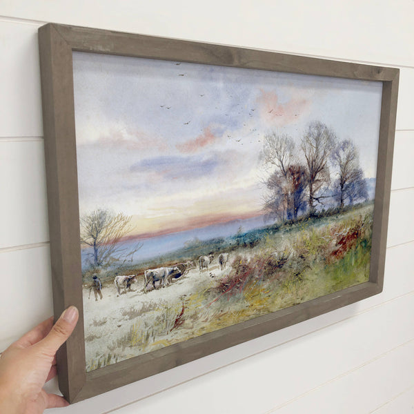 Evening Cattle Drive - Ranch House Canvas Art - Wood Framed