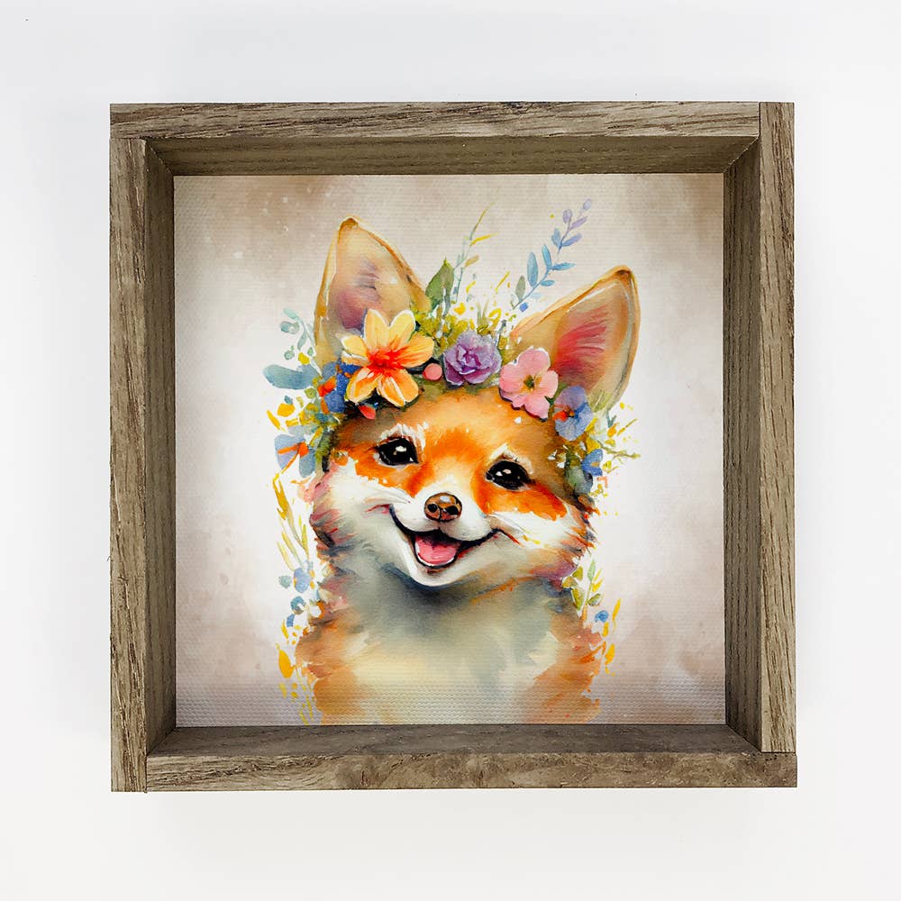 Cute Flower Fox - Nursery Art with Wood Frame