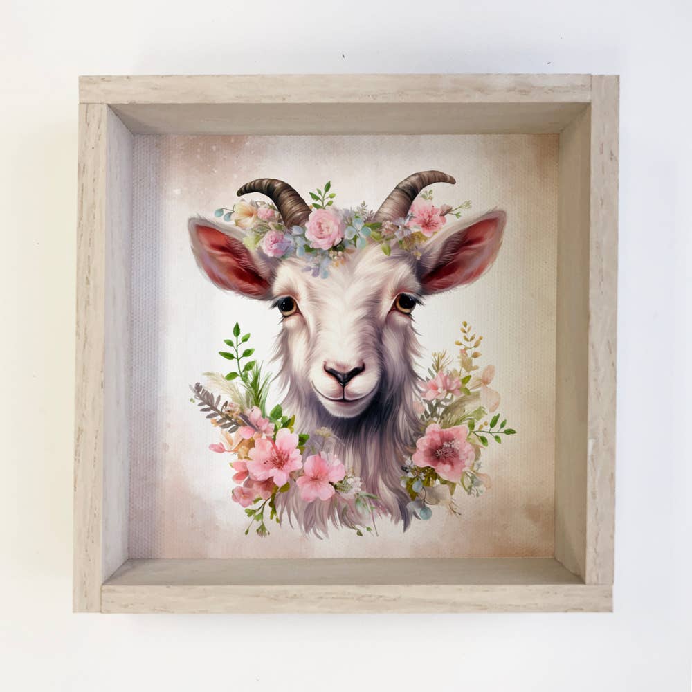 Springtime Flower Goat - Cute Goat Canvas Art - Wood Framed