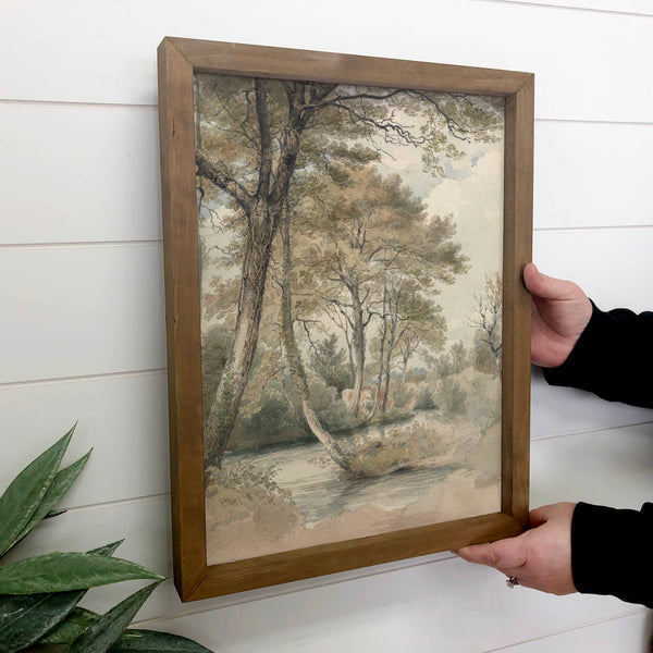 Vintage Tree Lined Stream - Framed Nature Wall Art - Cabin