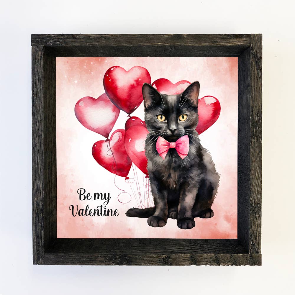 Be My Valentine Black Cat - Cute Cat Canvas Art - Wood Frame