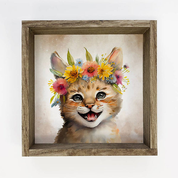 Cute Flower Lynx - Nursery Wall Art with Rustic Wood Frame