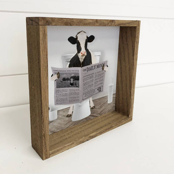 Dairy Cow on Toilet Wood Frame Sign - Funny Bathroom Art