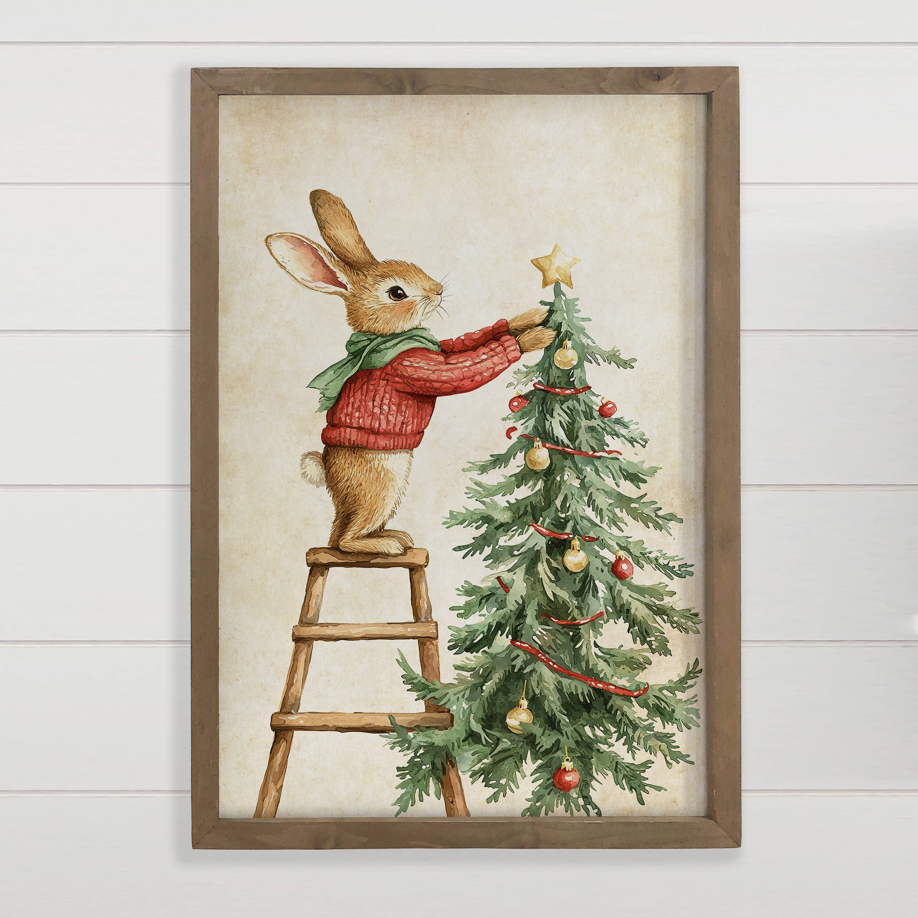 Rabbit Decorating Christmas Tree - Christmas Canvas Art