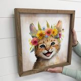 Cute Flower Lynx - Nursery Wall Art with Rustic Wood Frame