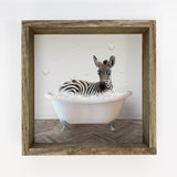 Zebra in a Bathtub Wood Framed Sign - Funny Kids Animal Art