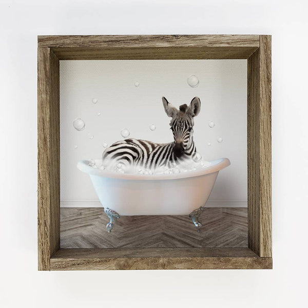 Zebra in a Bathtub Wood Framed Sign - Funny Kids Animal Art