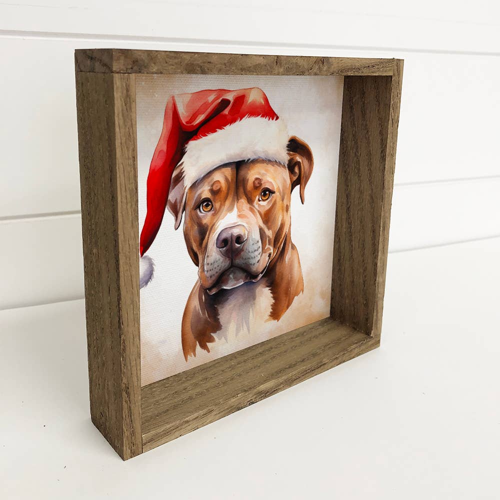 Pitbull Santa Hat - Cute Holiday Animal Canvas Art - Framed