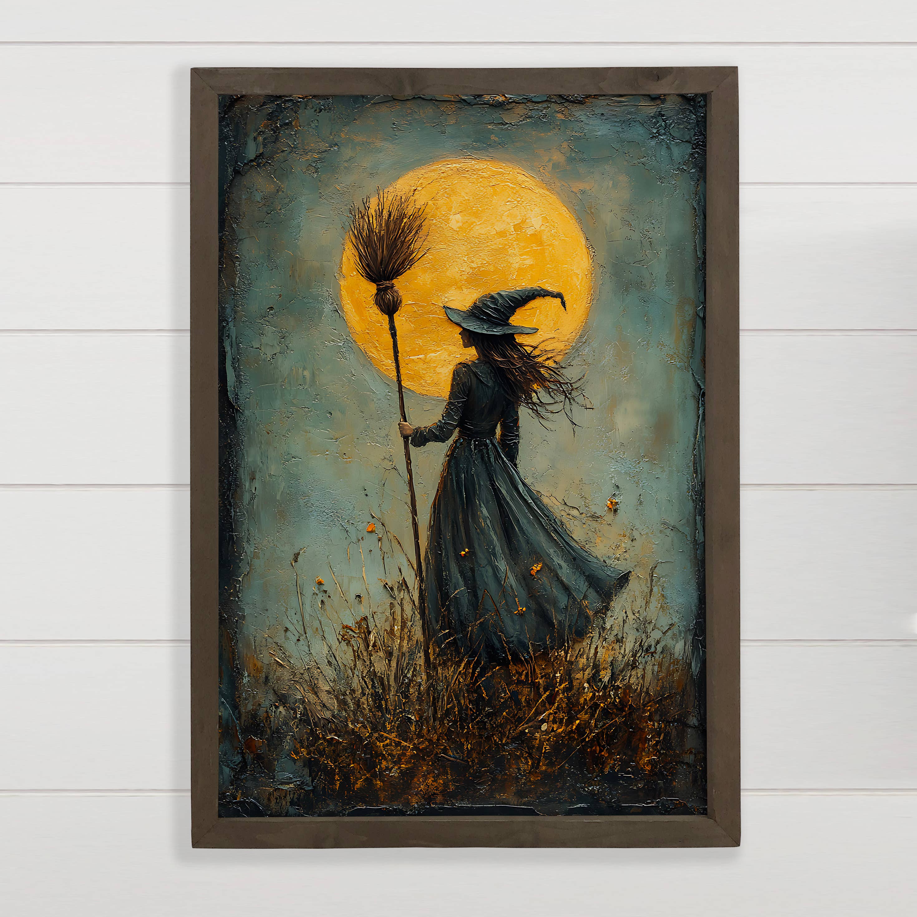 Witch Full Moon - Halloween Witch Canvas Art - Wood Framed