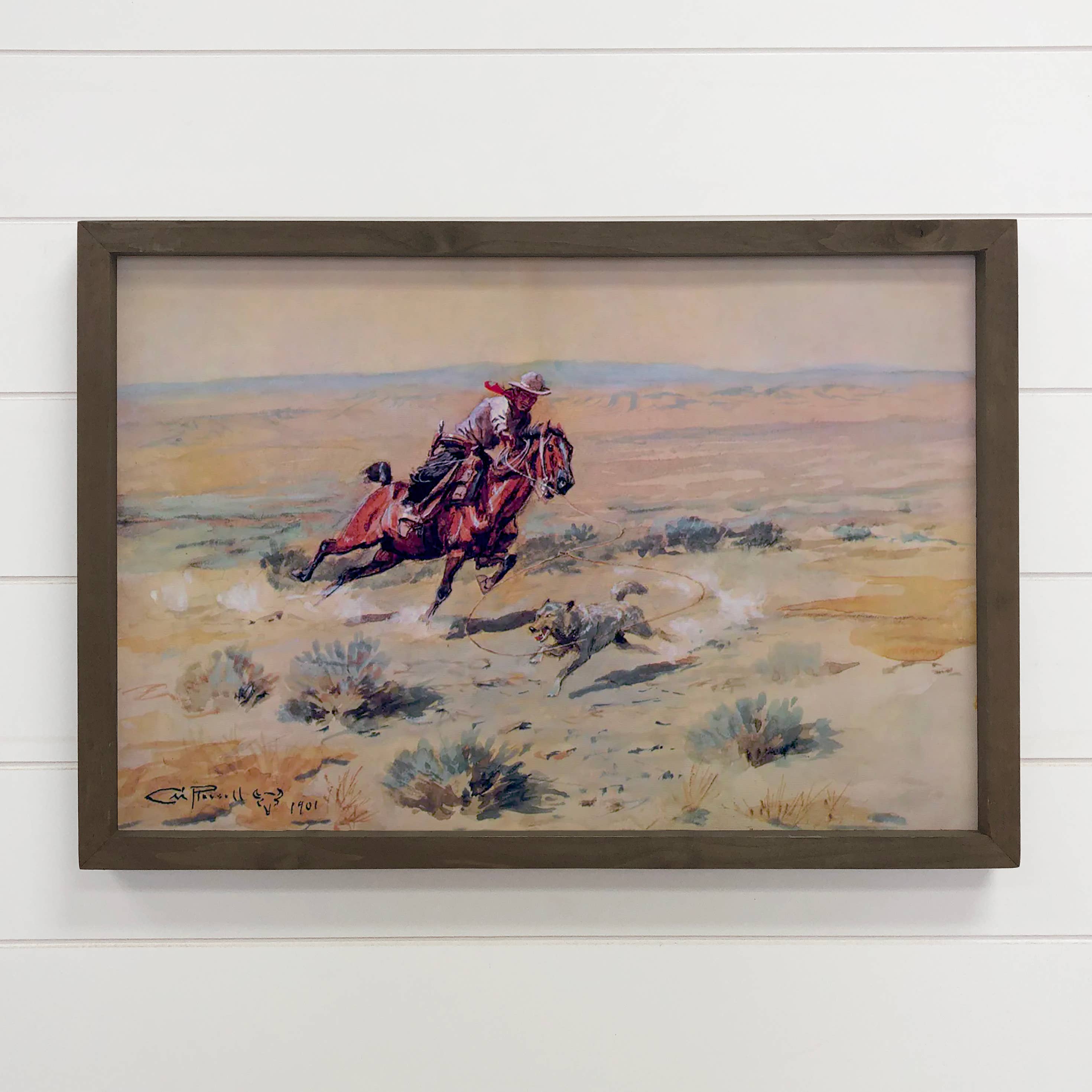 Cowboys vs Coyote - Cowboy Canvas Art - Wood Framed Wall Art