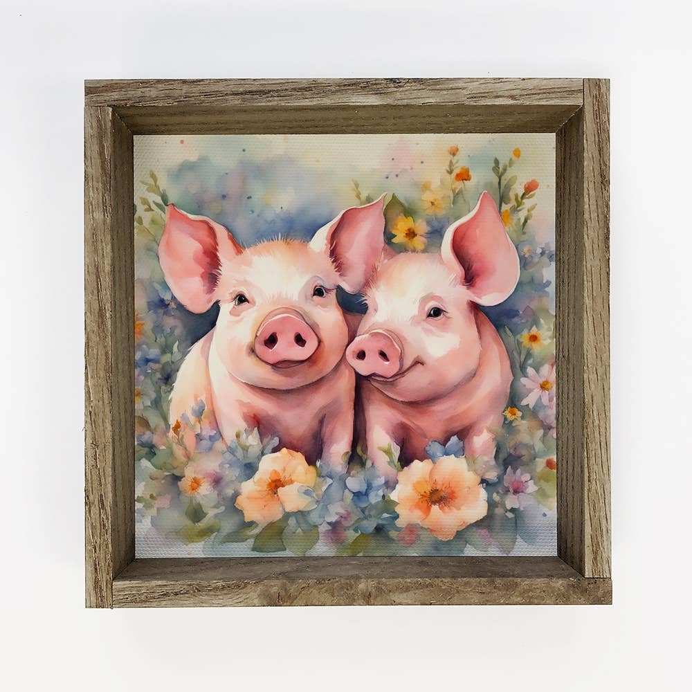 Pig Pair in Flowers - Spring Time Pig Canvas Art - Framed