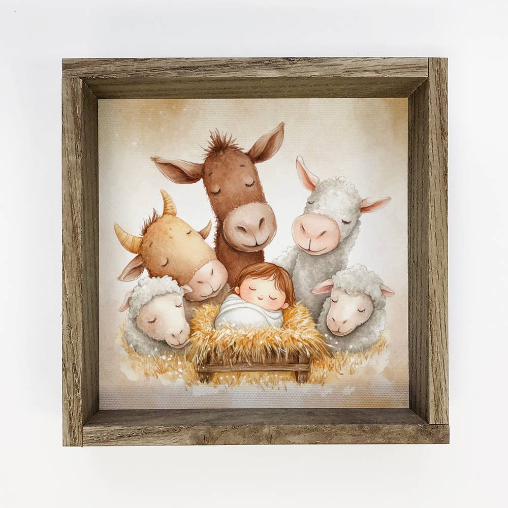 Cute Nativity Farm Animals Adore Baby Jesus - Nativity Scene