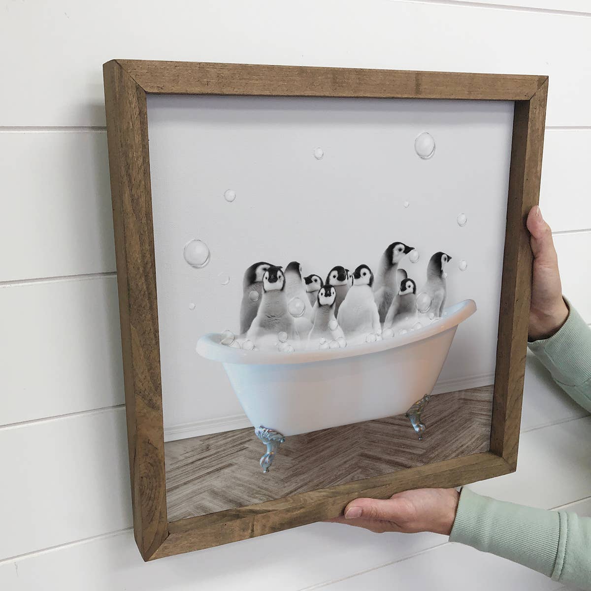 Penguins in a Bathtub Farmhouse Sign - Wood Frame & Canvas