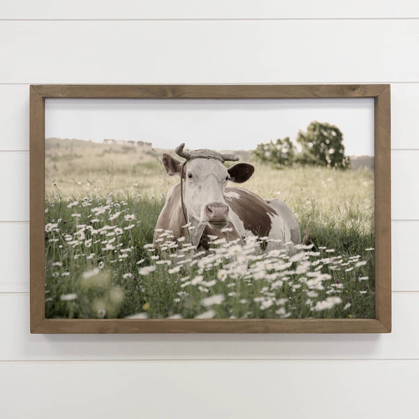 Cow in Daisies - Wood Framed Farmhouse Art - Canvas Photo