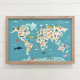 Cute Animal World Map - Kids Room Wall Art - Framed Map Art