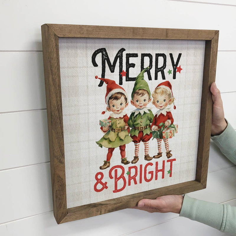 Merry & Bright - Cute Wood Framed Holiday Canvas Wall Art