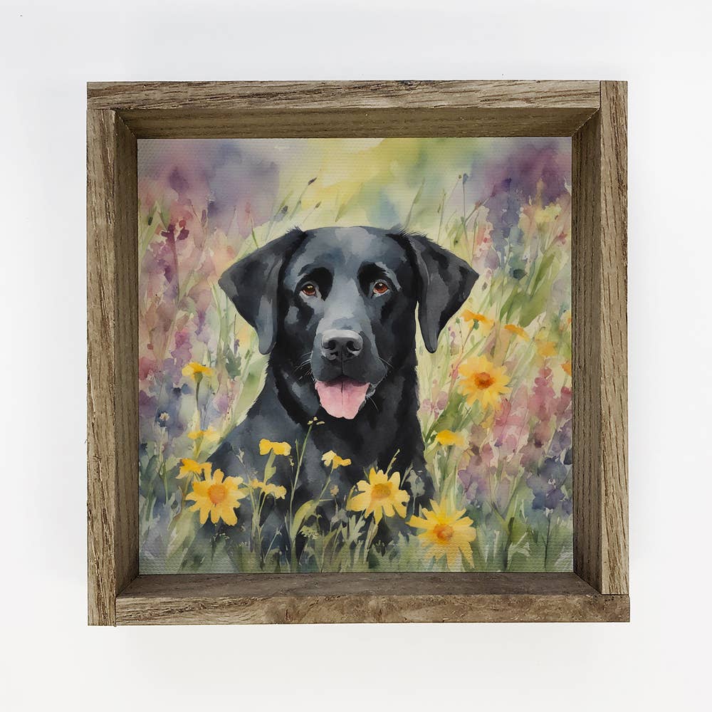 Wildflower Black Lab - Springtime Dog Canvas Art - Framed