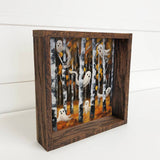 Halloween Ghosts in Birch Tree Forest - Square Wood Canvas