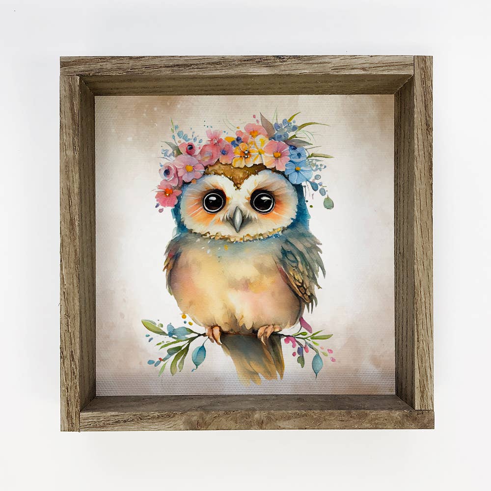 Cute Flower Owl - Nursery Wall Art with Rustic Wood Frame