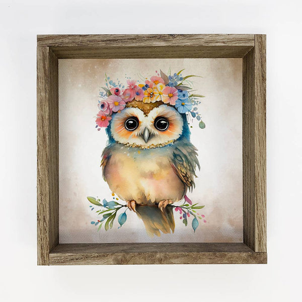 Cute Flower Owl - Nursery Wall Art with Rustic Wood Frame