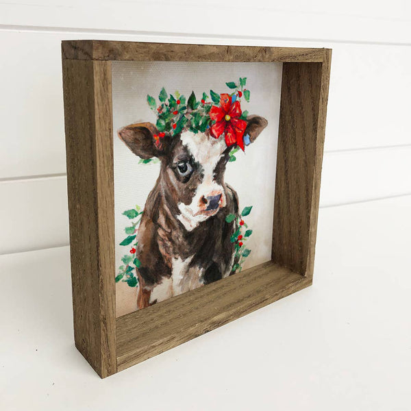 Baby Cow Wreath Floral Farmhouse Sign Black and White Cow
