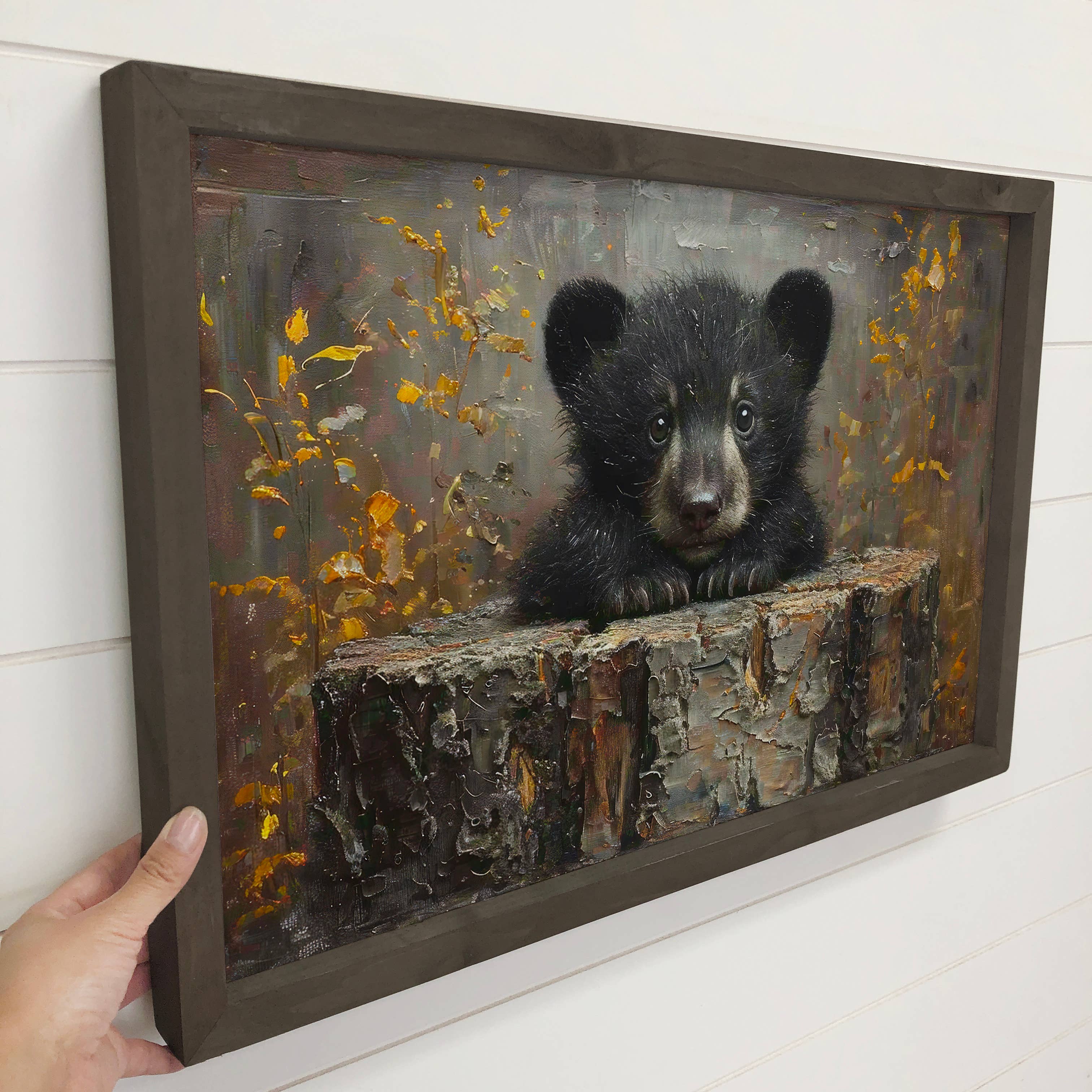 Black Bear Cub on Tree Stump - Mountain Cabin Wall Art Decor