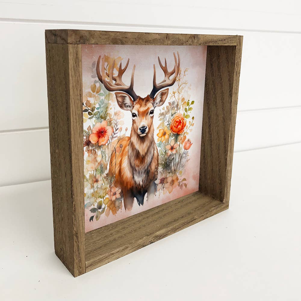 Deer in Wildflowers Wall Art - Wildlife Canvas Art - Framed