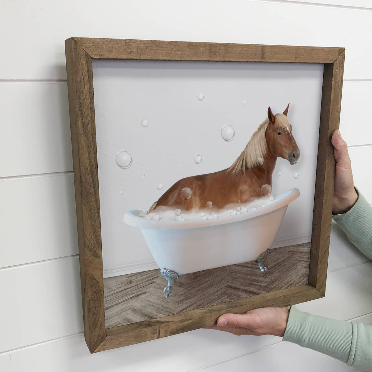 Horse Taking a Bath Wood Sign - Funny Bathroom Bathtub Art