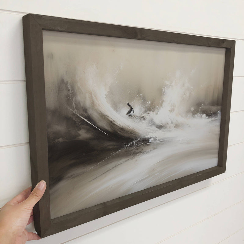 Abstract Surfer Gray Waves - Surfer Canvas Art - Wood Framed