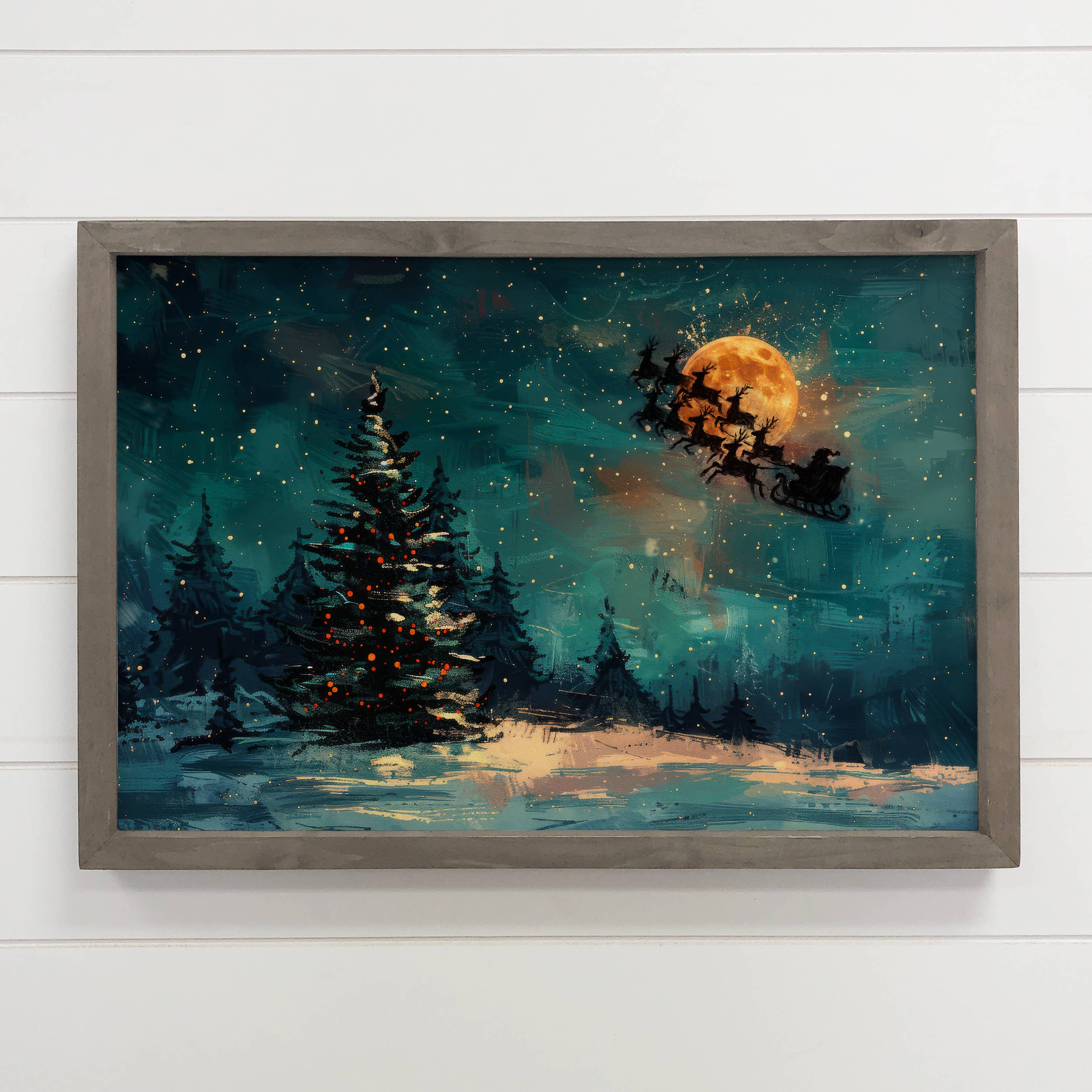 Santa Flying Past a Full Moon - Santa Canvas Art - Framed