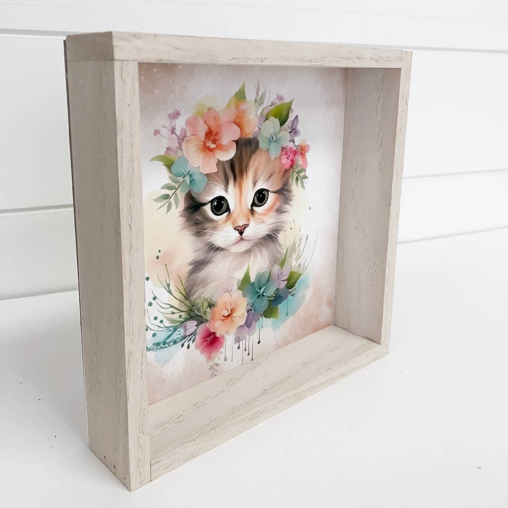 Springtime Flower Cat - Cute Cat Canvas Art - Wood Framed