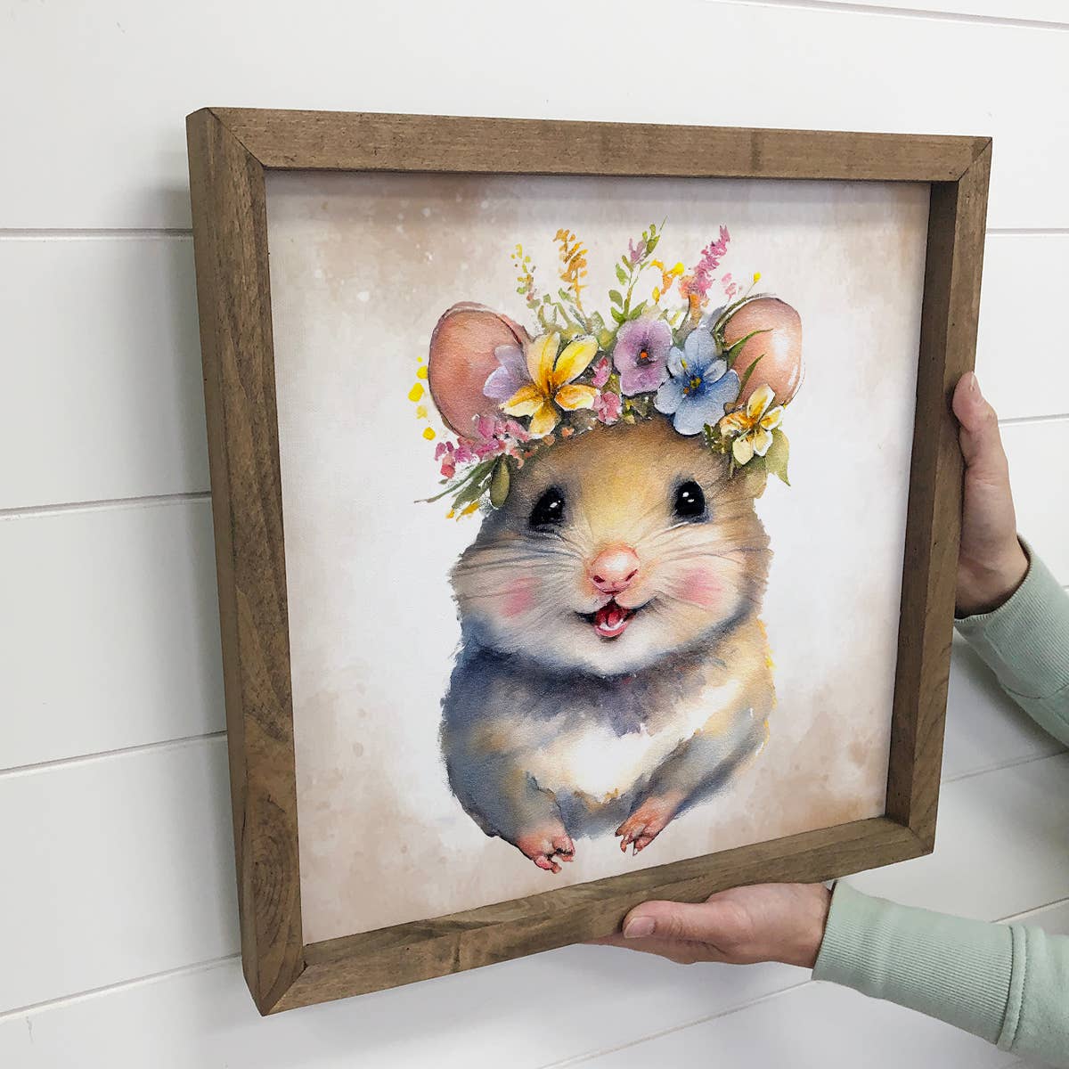 Cute Flower Mouse - Nursery Wall Art with Rustic Wood Frame