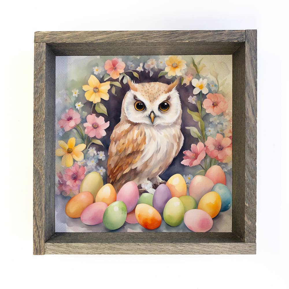 Easter Eggs Owl - Springtime Owl Canvas Art - Wood Framed