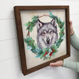 Christmas Wreath Wolf - Cute Holiday Animal - Framed Decor