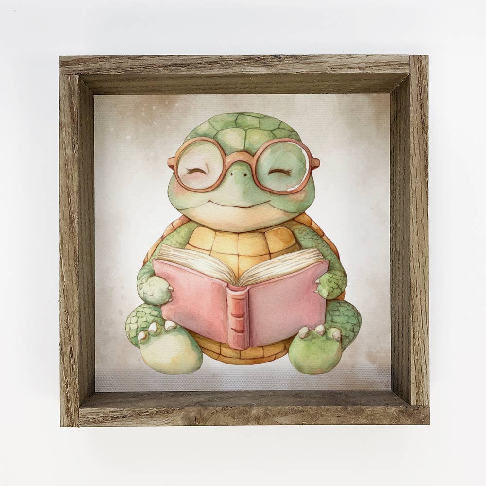 Turtle Reading Book - Cute Turtle Canvas Art - Wood Famed