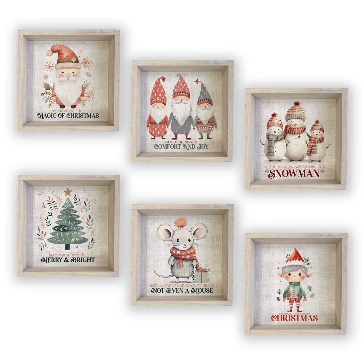 Set of 6 Cute Pastel Christmas Wood Decor Sign Collection