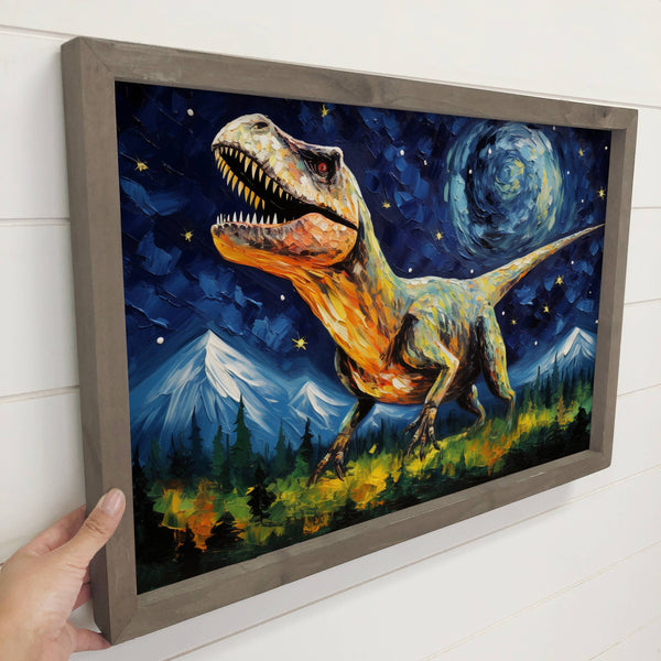 T-Rex Starry Night - T- Rex Canvas Art - Wood Framed Artwork