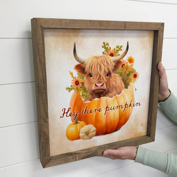 Hey There Pumpkin - Cute Fall Highland Cow - Framed Wall Art