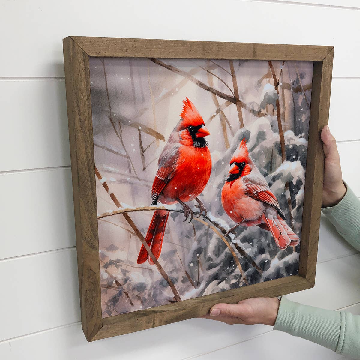 Two Winter Cardinals - Winter Bird Canvas Art - Wood Framed