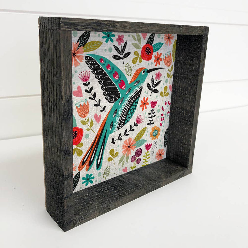 Folk Hummingbird - Folk Animal Canvas Art - Wood Framed