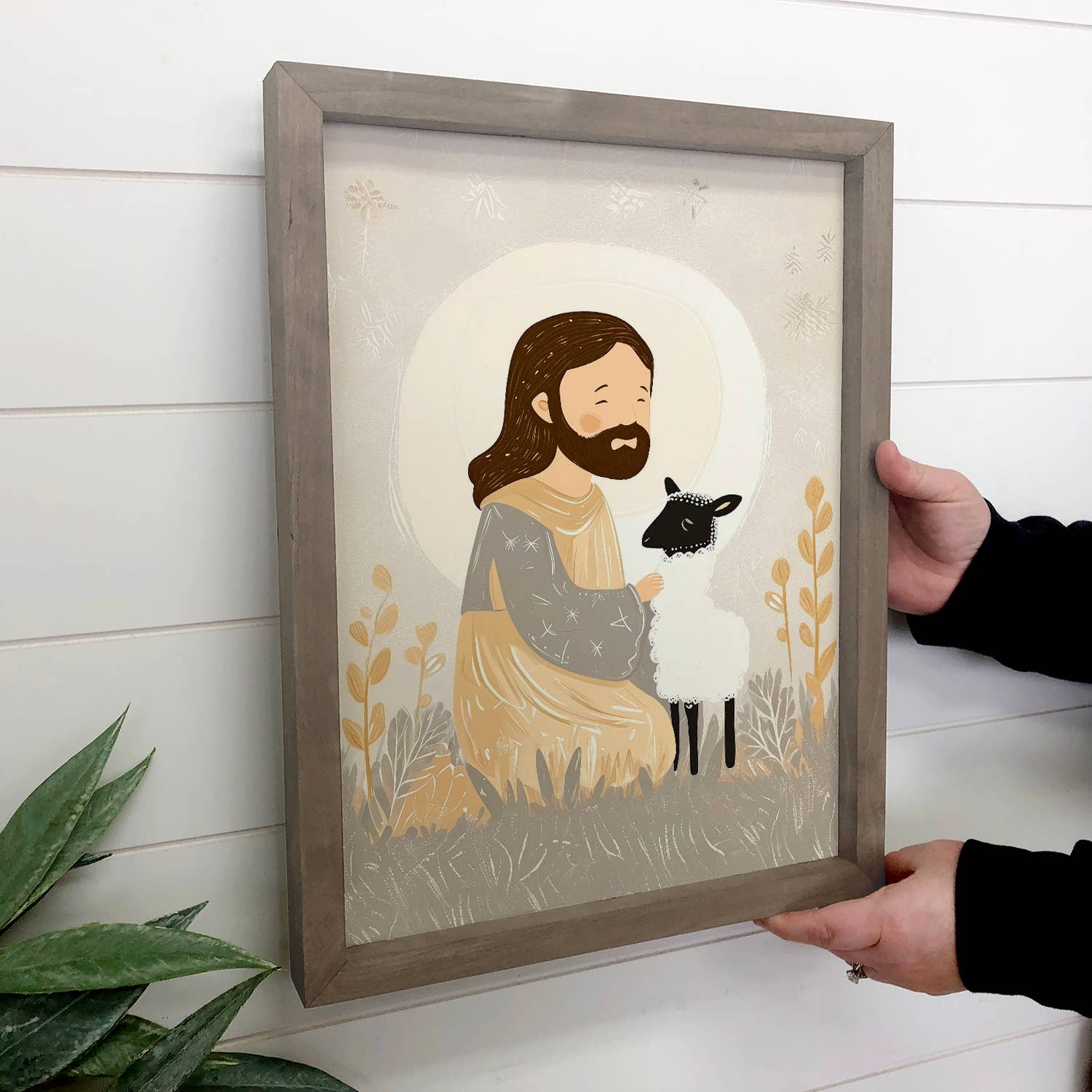 Cute Jesus Kneeling with Stray Lamb - Jesus Canvas Art