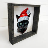 Black Cat in Santa Hat Christmas Small Canvas Wooden Sign